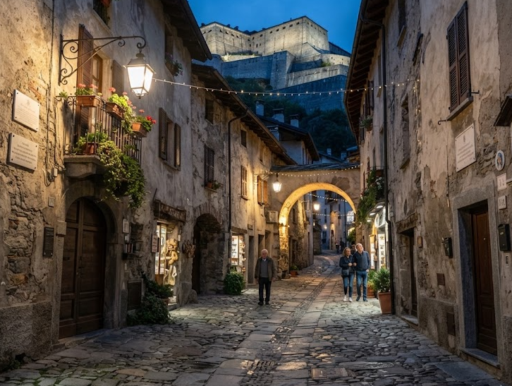 Borgo e Forte di Bard al crepuscolo – immagine illustrativa generata con AI